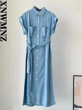 XNWMNZ naine 2022 suvel moe Sinine midi-särk, kleit koos vööga, taskud naiste vintage casual lühikeste varrukatega tagasi vent kleidid