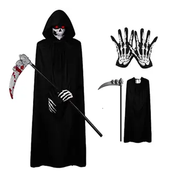 Halloween Grim Reaper Kostüüm Sätestatud Skelett Kindad Vasar Teenetemärgi Maskeraad Etapi Etendused Cosplay Halloween Kapuuts
