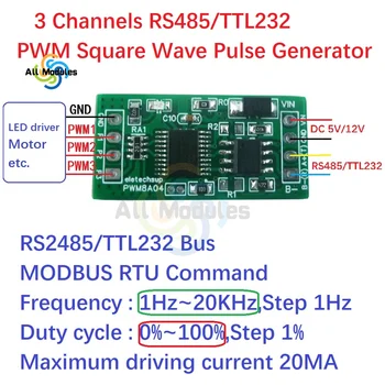 3 1 hz-20 khz töötsükkel Sagedus Reguleeritav PWM Square Wave Pulse Generator UART RS232 RS485 Siini Modbus RTU Juhatus