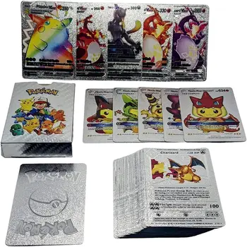 55pcs Pokemon Metal Gold Kaardi Box Kuldsed Tähed hispaania mängukaardid Metalicas Charizard Vmax Gx Kogumise Mäng Kaardi Puhul Mänguasi