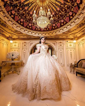 Sädelevat Šampanja Printsess Pall Kleit Quinceanera Kleidid Maha Õla Appliques Crystal Sweet 16 Kleit Sünnipäeva Kohandatud