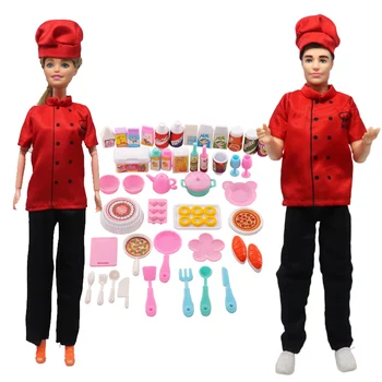 Uued Riided Barbie ja Ken Peakokk Top, Püksid, Mütsi, 3 Tk Komplekt 43pcs Köök Vahend Toidu Tarvikud Mini Esemed Nukumaja Mänguasi