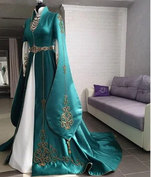 Luksuslik Pikk Õhtukleit Roheline Satiin Kullaga Tikitud Tanssiaiset Kleit Saudi Araabia On Pikad Varrukad Rongi Lepinguosalise Kleit Vestido De Gala