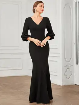 Elegantne õhtukleidid Sügav V Kaela Puhvis Varrukad Põranda-Pikkus 2023 Kunagi päris Seksikas Must Lihtne Pruutneitsi kleit